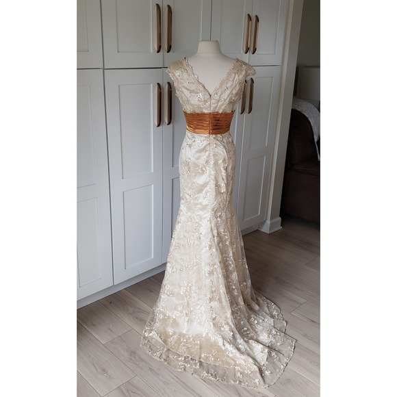 Lace Mermaid Gown Womens 10 Ivory Gold Waist Belt Formal Evening Dress - Picture 4 of 10